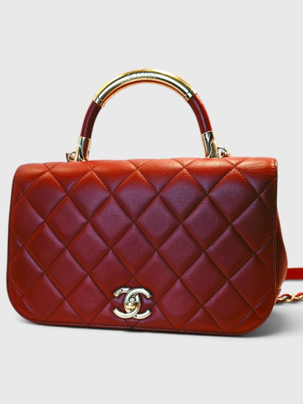 CHANEL Quilted Top Handle Shoulder Bag in Red with Gold Hardware  EUC